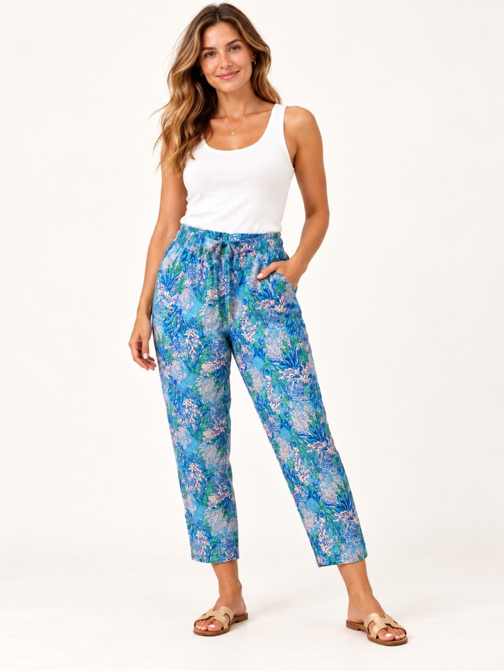 Lilly Pulitzer Blue and White Patterned Linen Pants